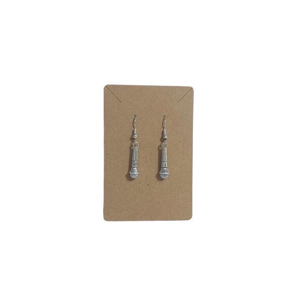 Retro Novelty Microphone Silver Dangle Earrings - Picture 3 of 3